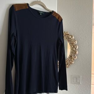 Lauren Ralph Lauren Green Label Navy Long Sleeve Rib Knit Tee Zipper Detail XL